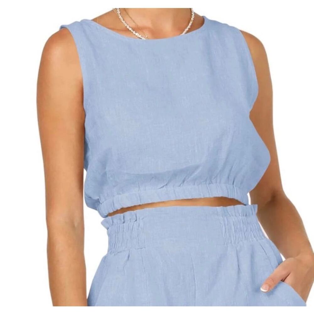 Kourt Size Small Crop Top Light Blue Linen Rayon Blend Sleeveless Gathered Waist